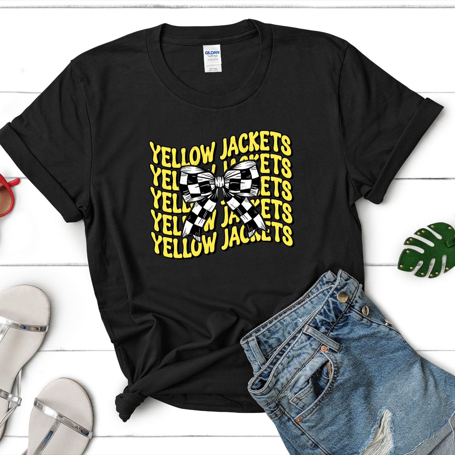 Yellow Jackets Checkered Bow Tee (Comfort Colors, Gildan, or Bella Canvas)